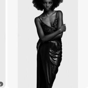 Zara Black Metallic Ruched Midi Skirt